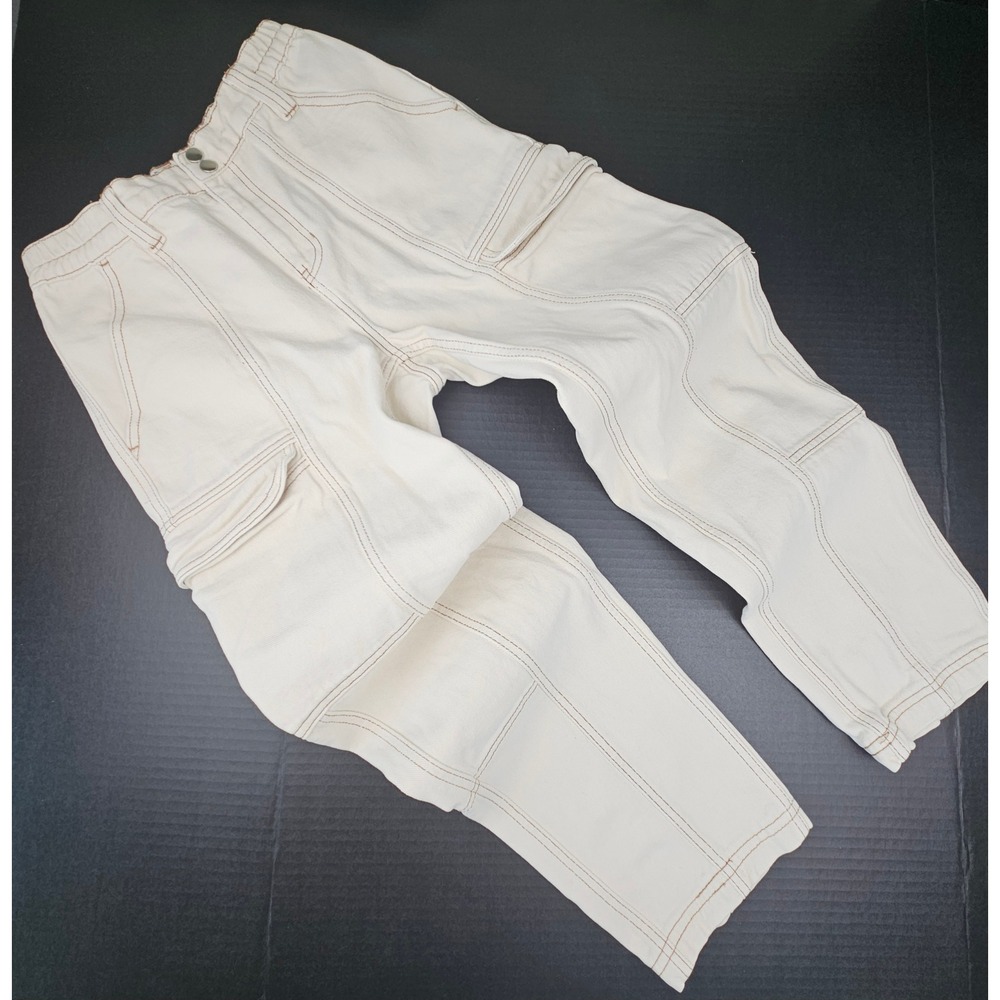 PacSun Womens Elastic Waist Cargo Pants Cream Bone Canvas Contrast Stitch